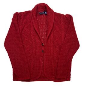 OHI Vintage Cable Knit Cardigan Sweater Red Button Up V Neck Notch Lapel Retro